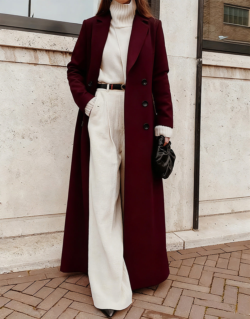 Women's Double-Breasted Wool Coat Notch Lapel Maxi Tailored Longline