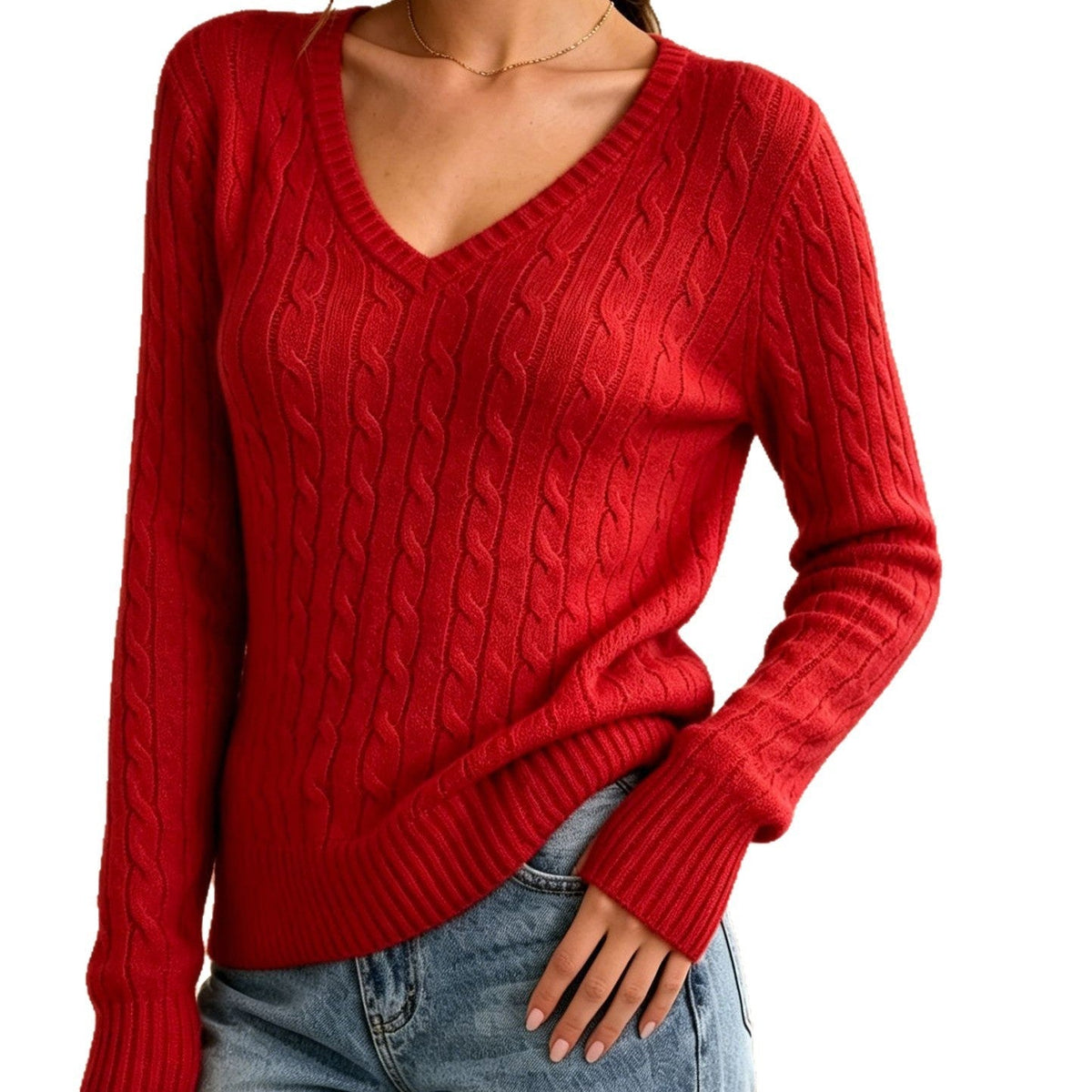 Women's Cable Knit Sweater V-Neck Fine Textured Fitted Long-Sleeve Pullover