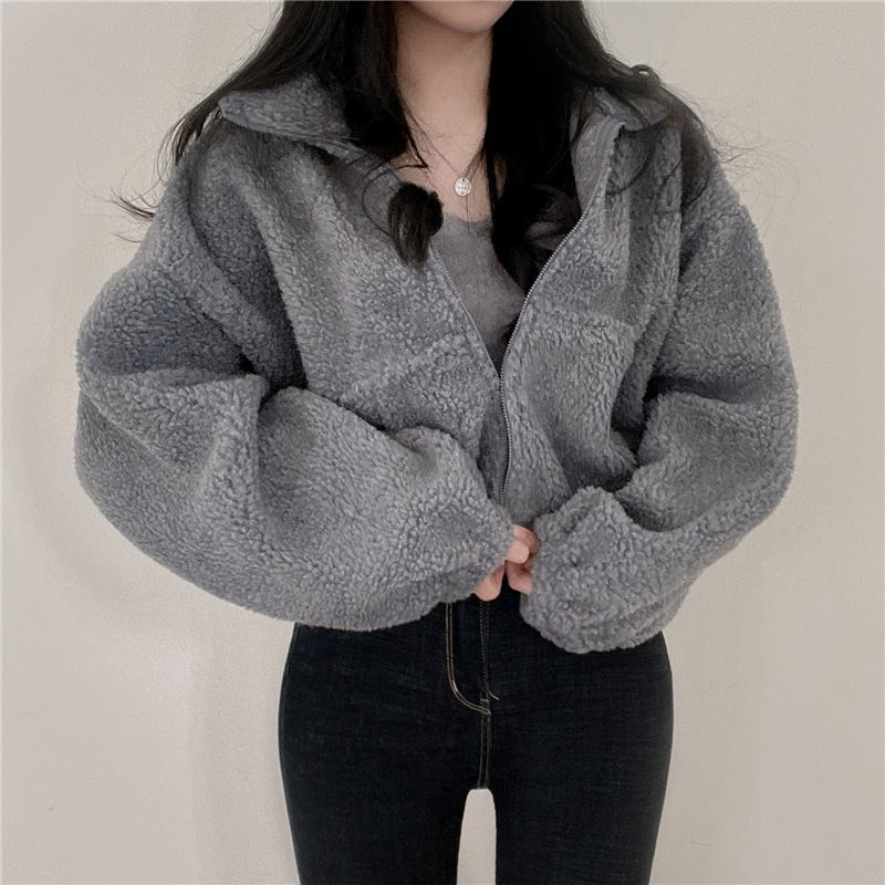 Women's Oversized Teddy Fleece Jacket Stand Collar Zip-Up Cropped