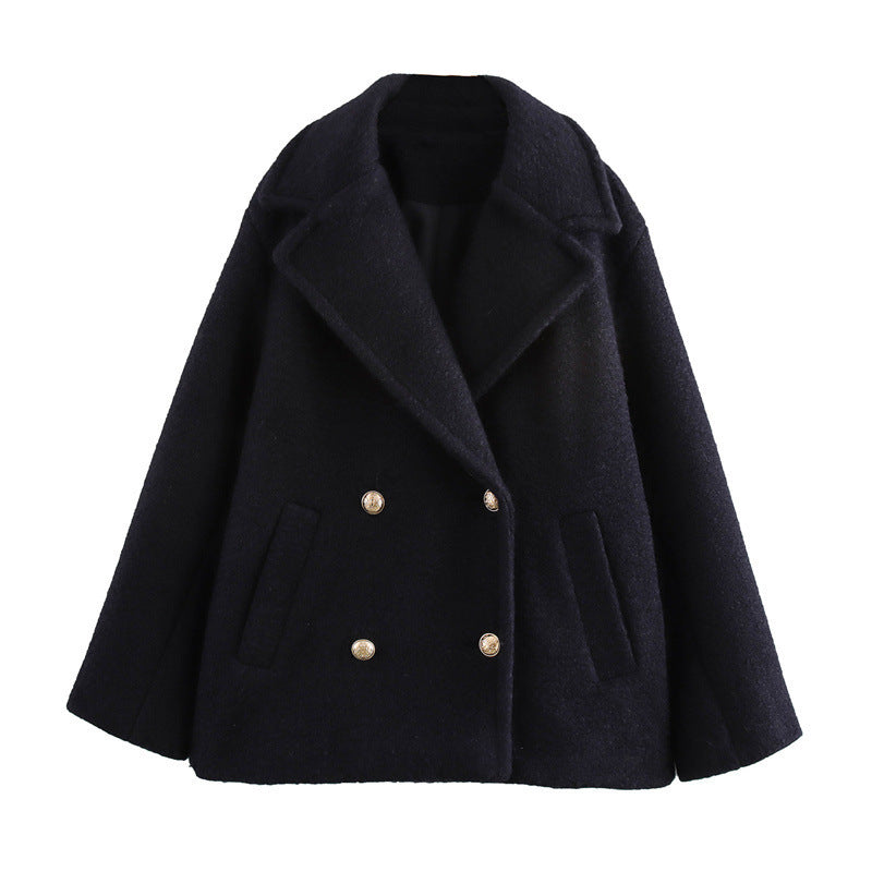 Women's Short Double-Breasted Wool Peacoat Notch Lapel Boxy Classic