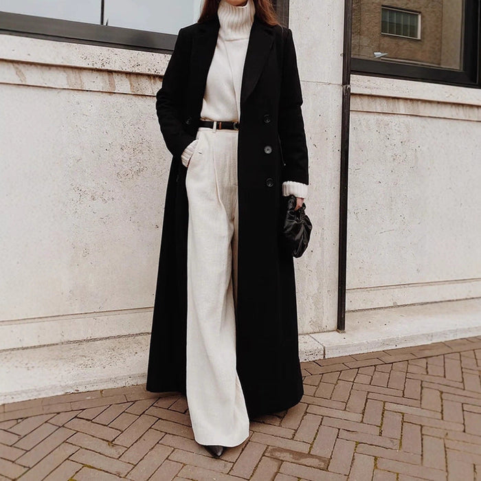 Women's Double-Breasted Wool Coat Notch Lapel Maxi Tailored Longline