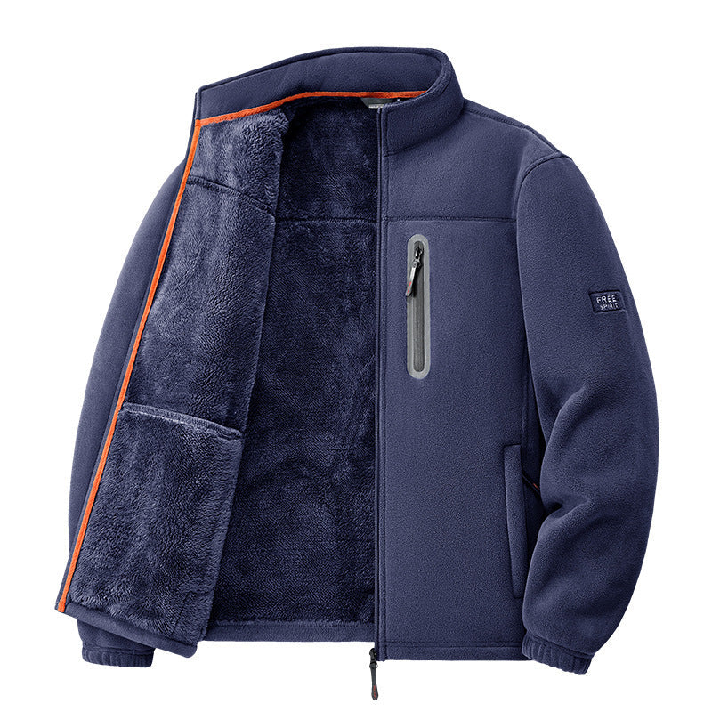 Men's Sherpa-Lined Fleece Jacket Stand Collar Full-Zip Zip-Pocket Warm
