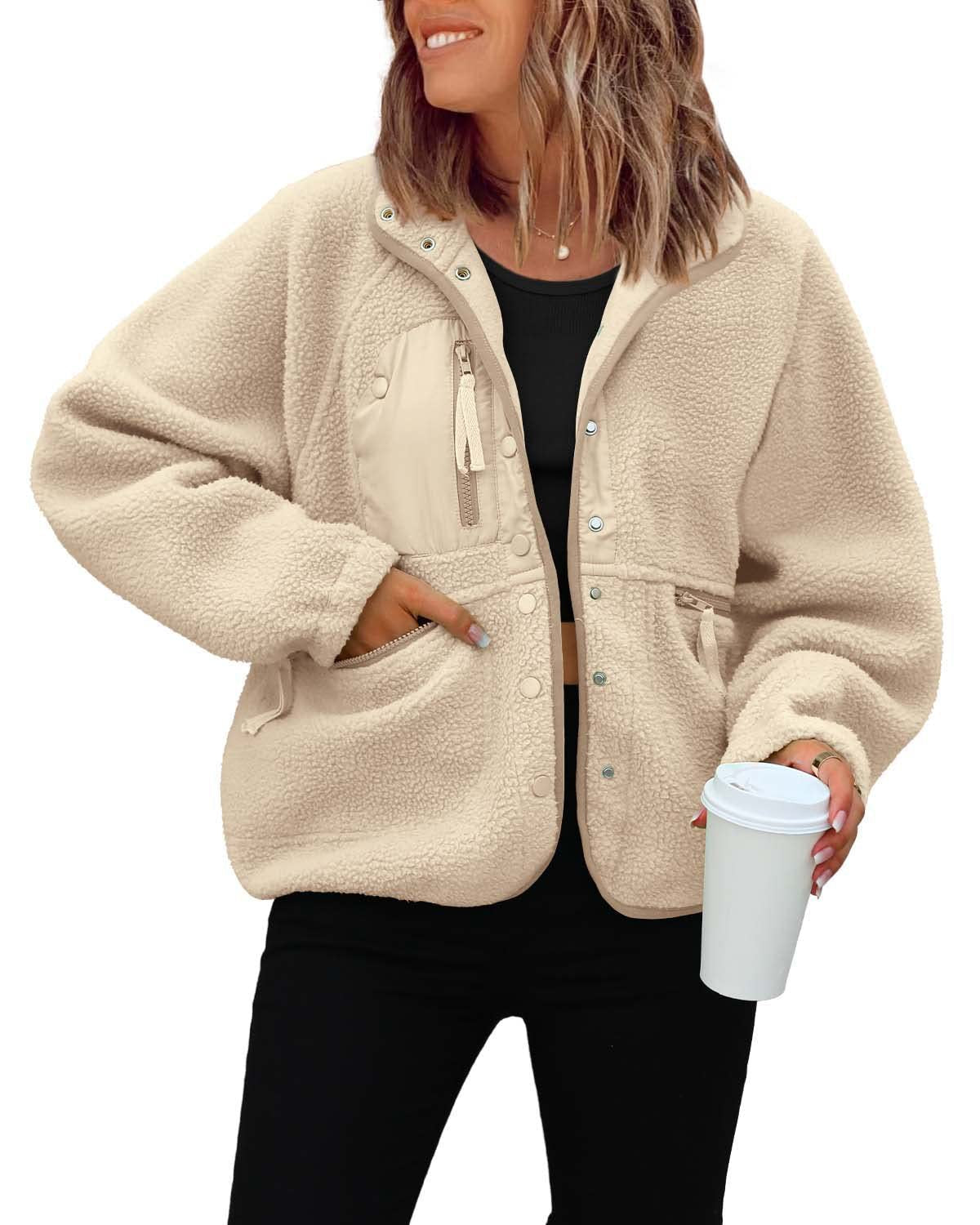 Women's Sherpa Fleece Jacket Snap-Button Zip-Pocket Stand-Collar Relaxed