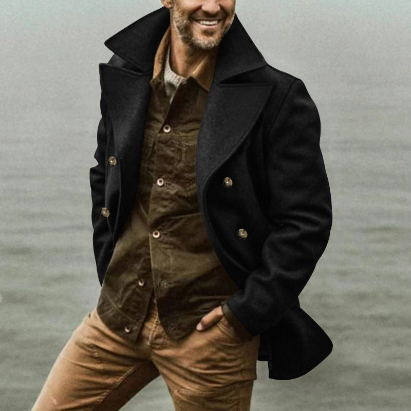 Men's Wool Blend Peacoat Double-Breasted Wide Lapel Mid-Length Tailored