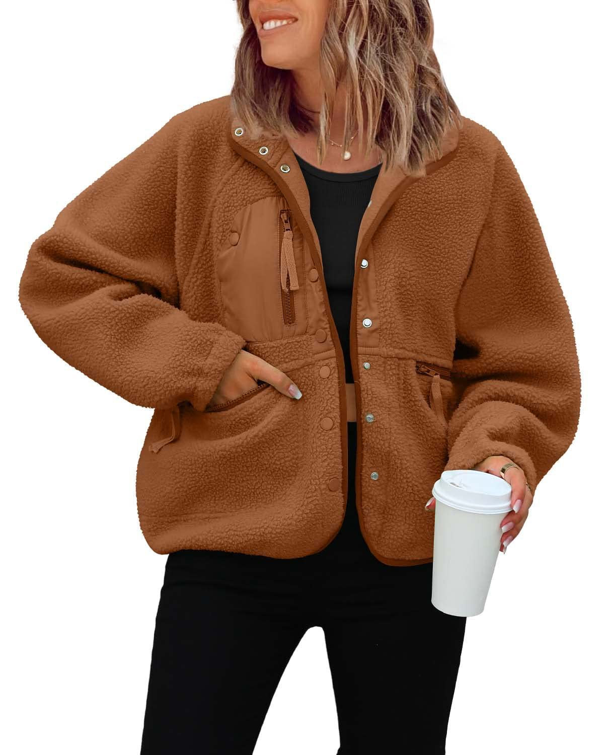 Women's Sherpa Fleece Jacket Snap-Button Zip-Pocket Stand-Collar Relaxed