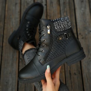Women's Leather Lace-Up Ankle Boots Knit Shaft Side-Zip Lug Combat