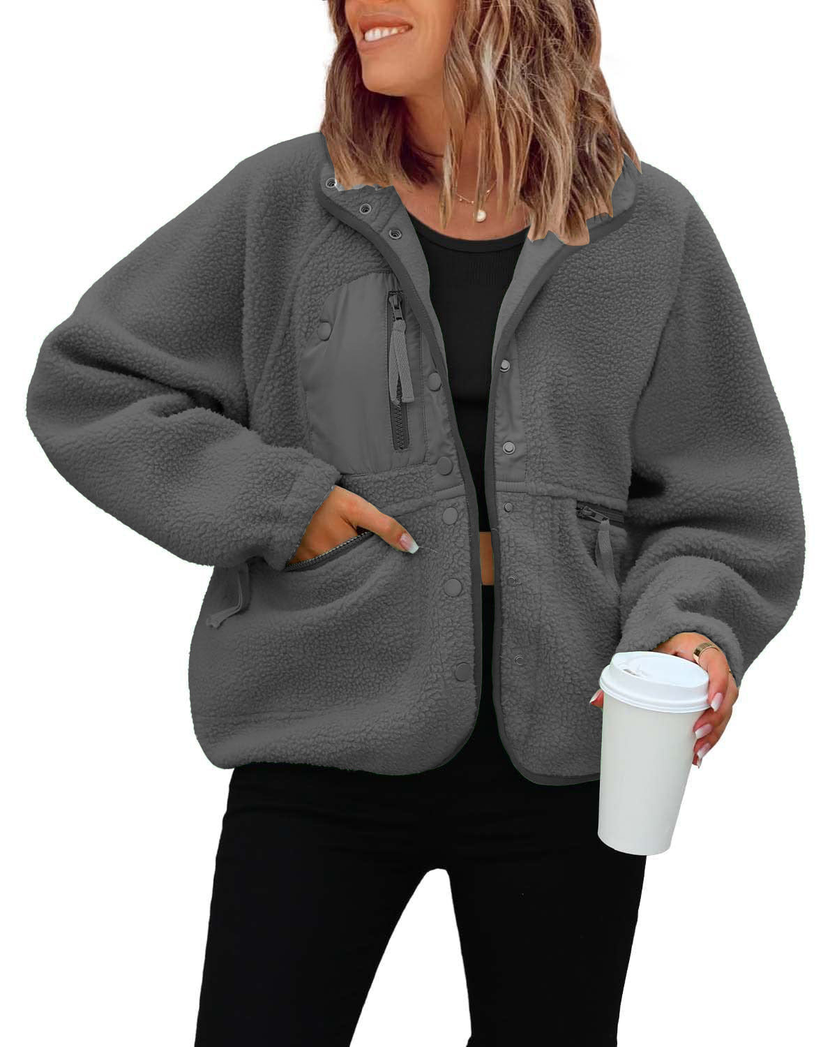 Women's Sherpa Fleece Jacket Snap-Button Zip-Pocket Stand-Collar Relaxed