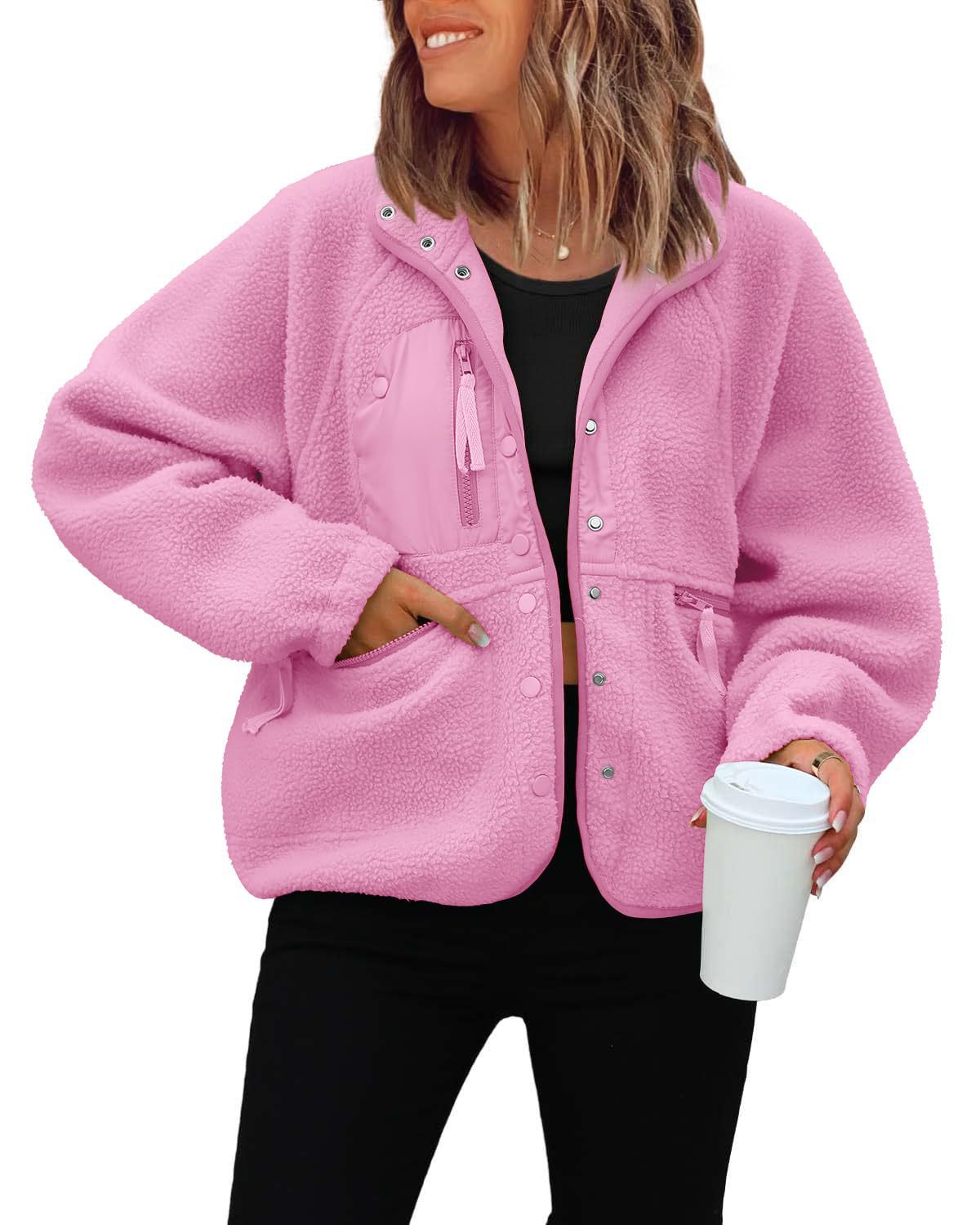 Women's Sherpa Fleece Jacket Snap-Button Zip-Pocket Stand-Collar Relaxed