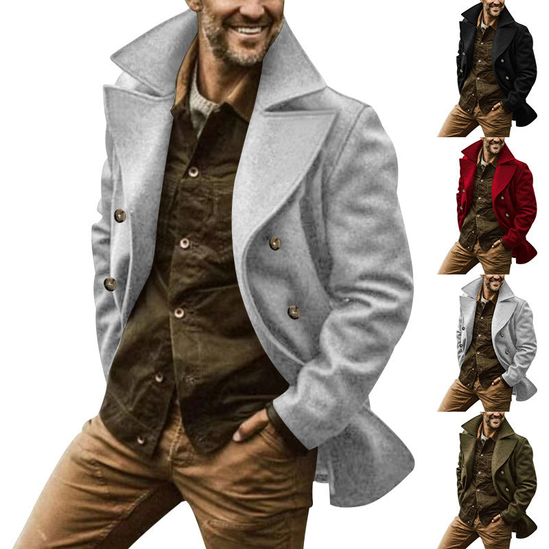 Men's Wool Blend Peacoat Double-Breasted Wide Lapel Mid-Length Tailored