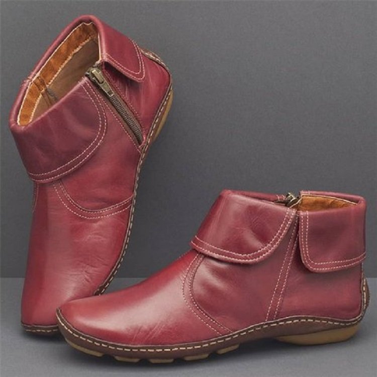 Women's Soft Leather Ankle Booties Foldover Strap Side Zip Flat