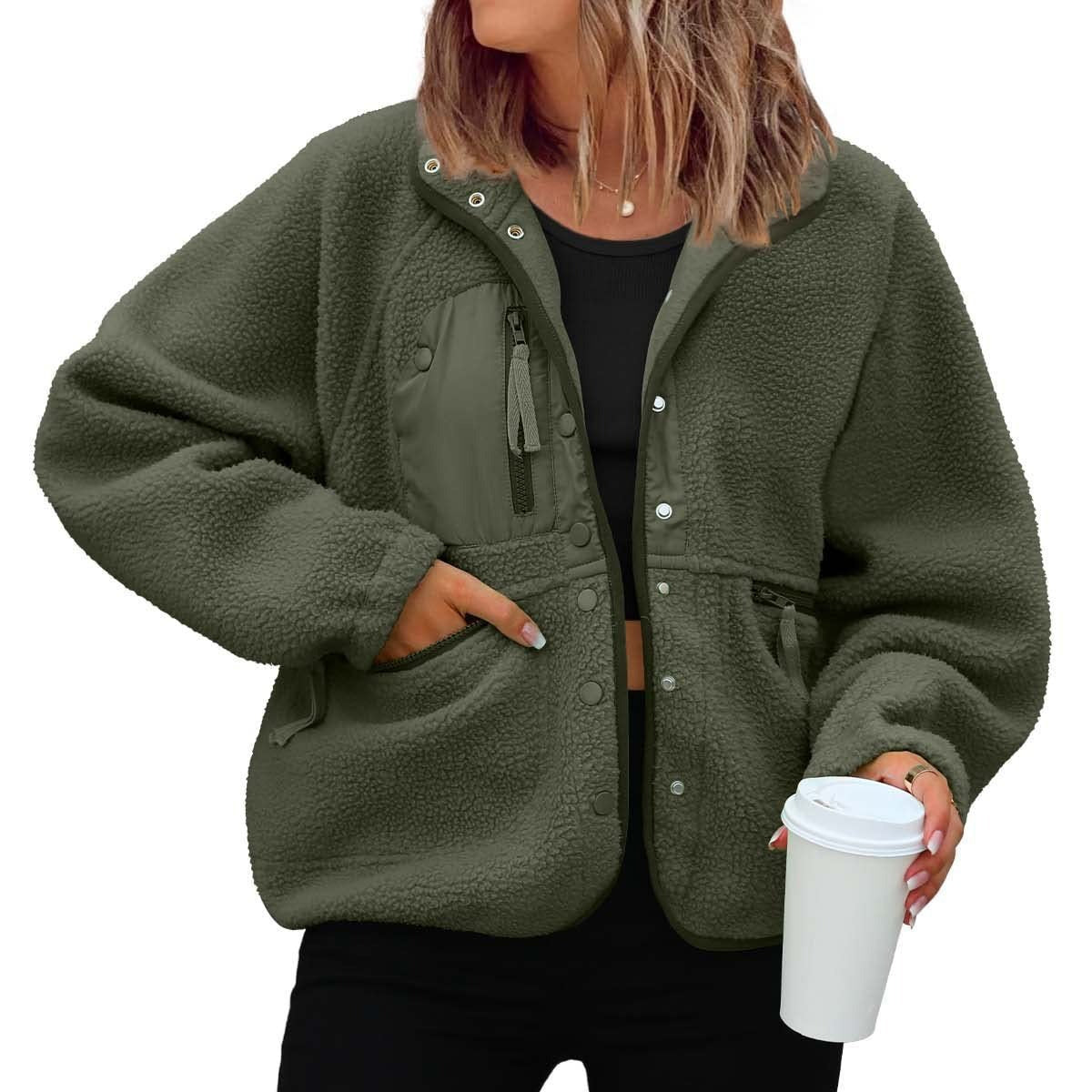 Women's Sherpa Fleece Jacket Snap-Button Zip-Pocket Stand-Collar Relaxed