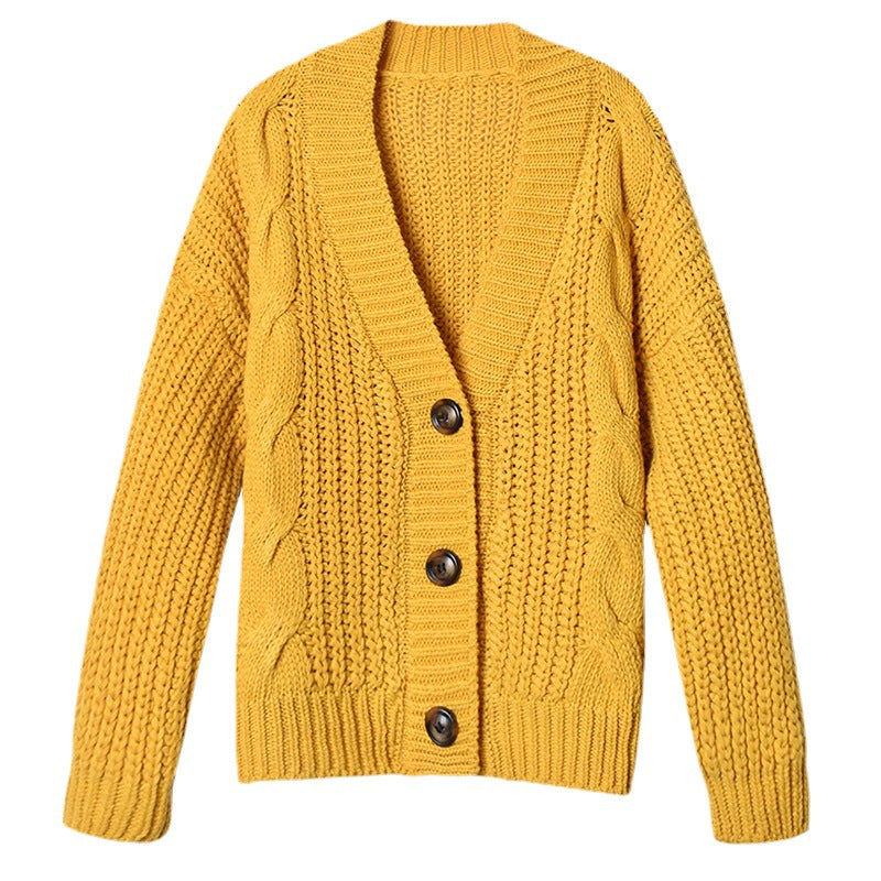 Women's Chunky Cable Knit Cardigan V-Neck Button-Front Cropped Relaxed