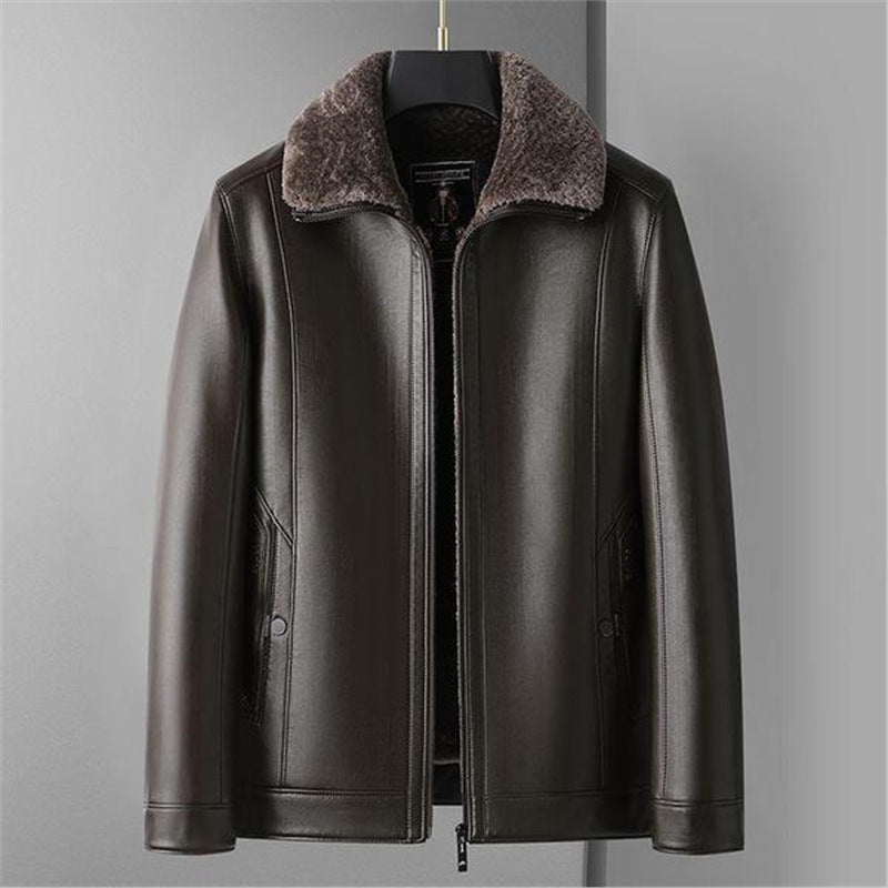 Men's Leather Jacket Faux-Shearling Collar Sherpa-Lined Zip-Up Warm Winter