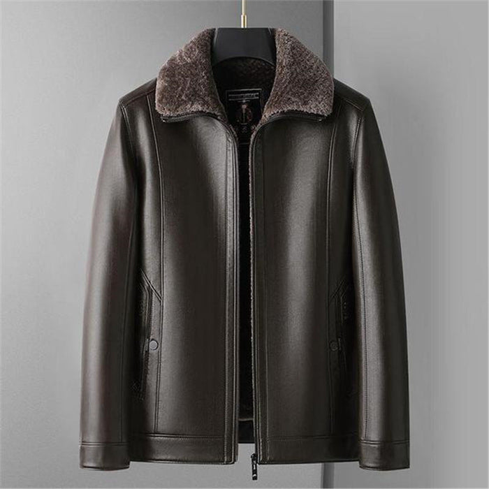 Men's Leather Jacket Faux-Shearling Collar Sherpa-Lined Zip-Up Warm Winter