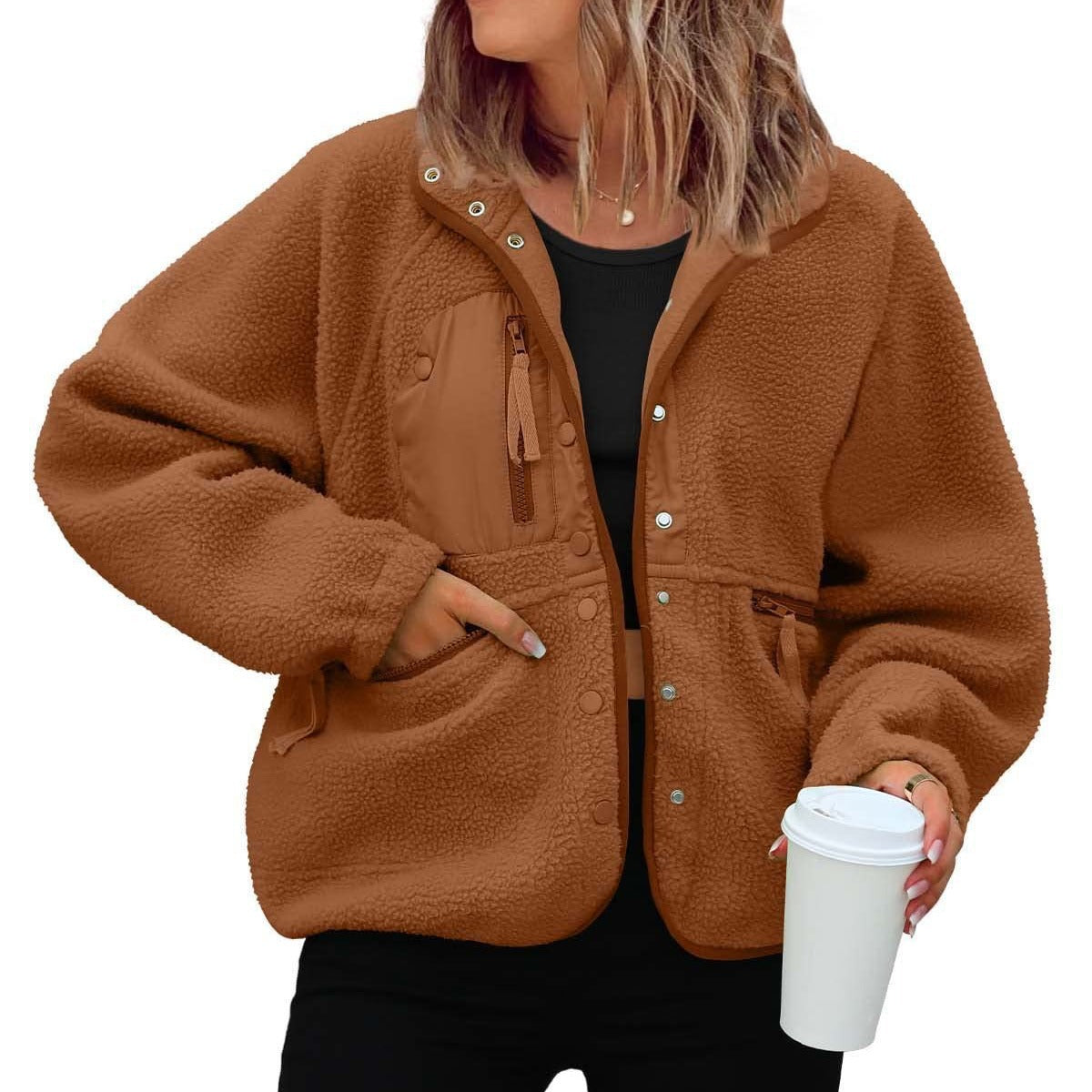 Women's Sherpa Fleece Jacket Snap-Button Zip-Pocket Stand-Collar Relaxed