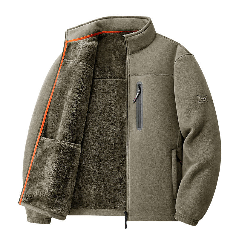 Men's Sherpa-Lined Fleece Jacket Stand Collar Full-Zip Zip-Pocket Warm
