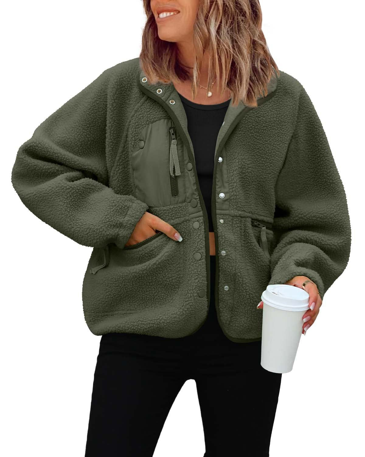 Women's Sherpa Fleece Jacket Snap-Button Zip-Pocket Stand-Collar Relaxed