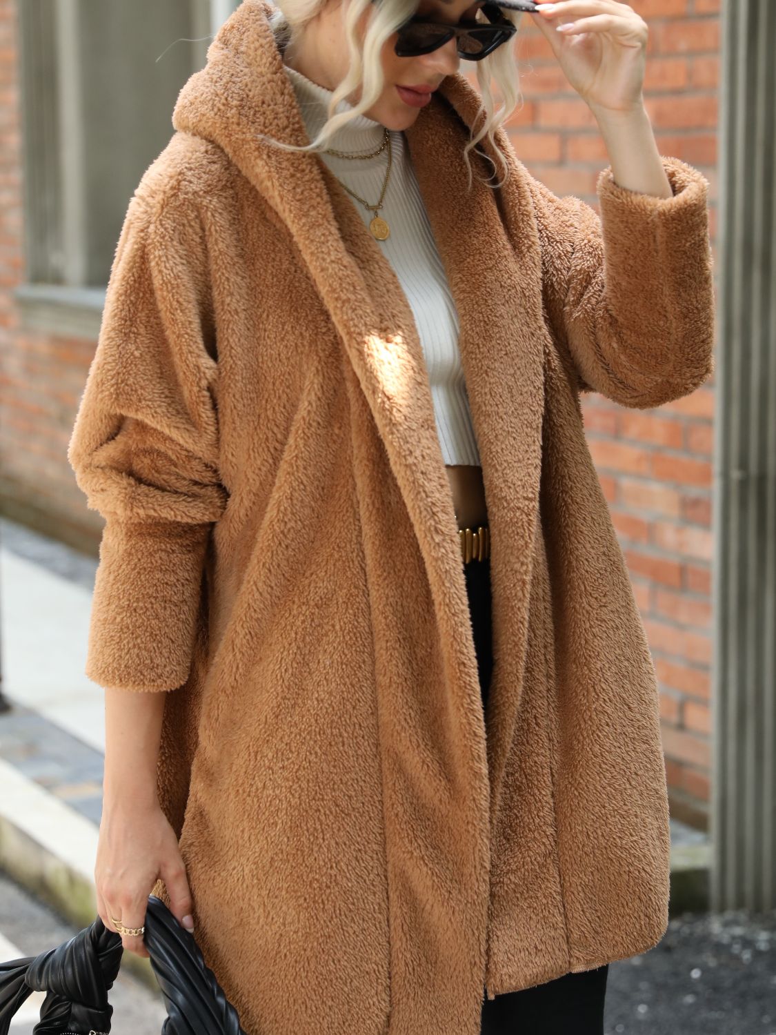 Women's Teddy Fleece Coat Shawl Collar Open-Front Oversized Cozy Warm
