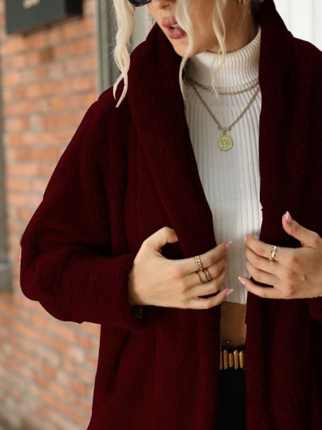 Women's Teddy Fleece Coat Shawl Collar Open-Front Oversized Cozy Warm