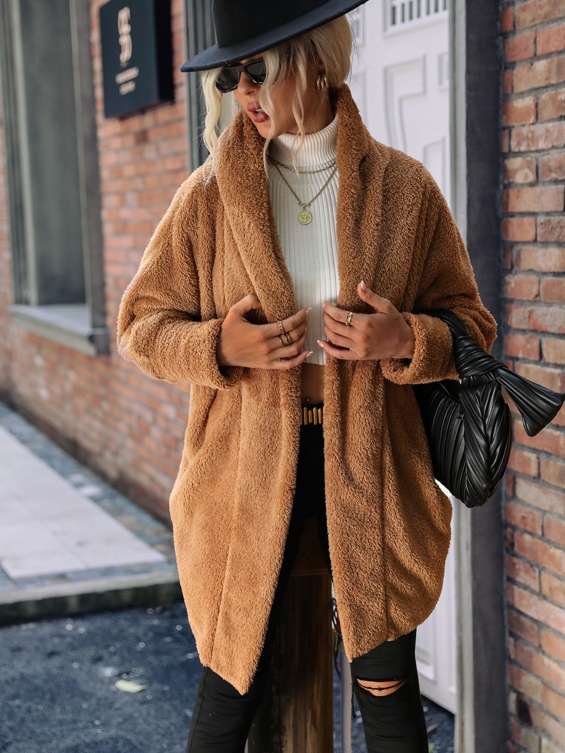Women's Teddy Fleece Coat Shawl Collar Open-Front Oversized Cozy Warm