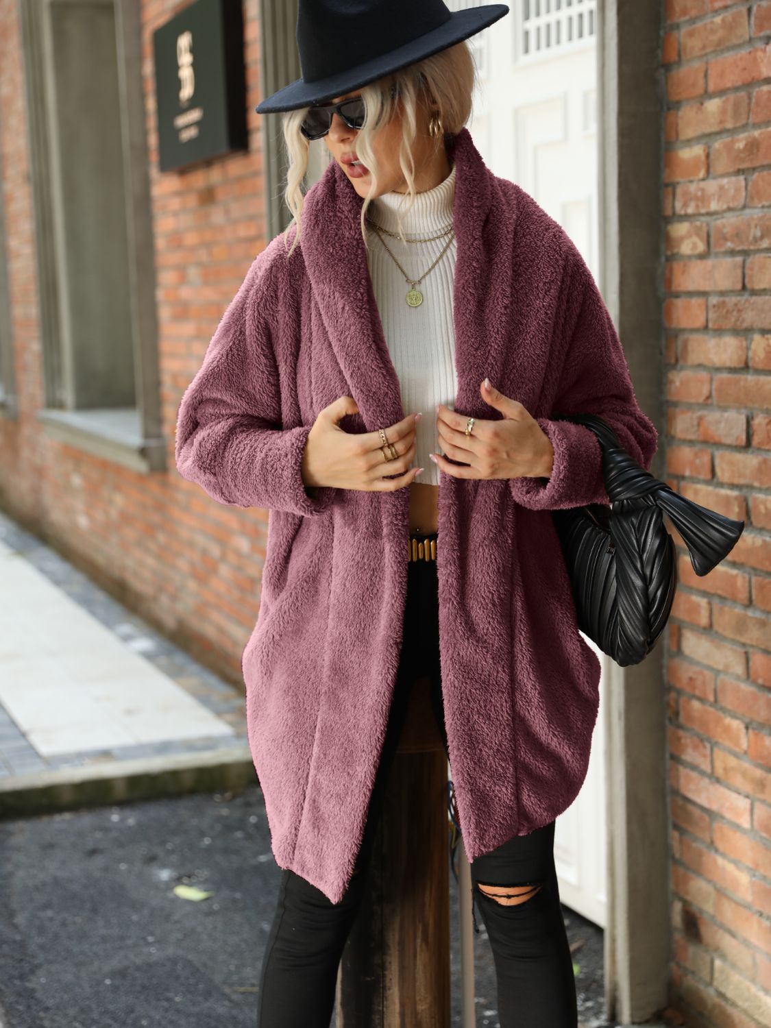 Women's Teddy Fleece Coat Shawl Collar Open-Front Oversized Cozy Warm