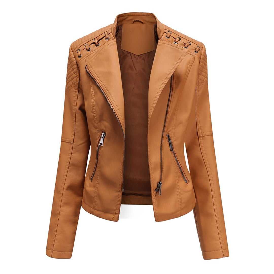 Women's Faux Leather Biker Jacket Asymmetric Zip Lace-Up Shoulder Fitted
