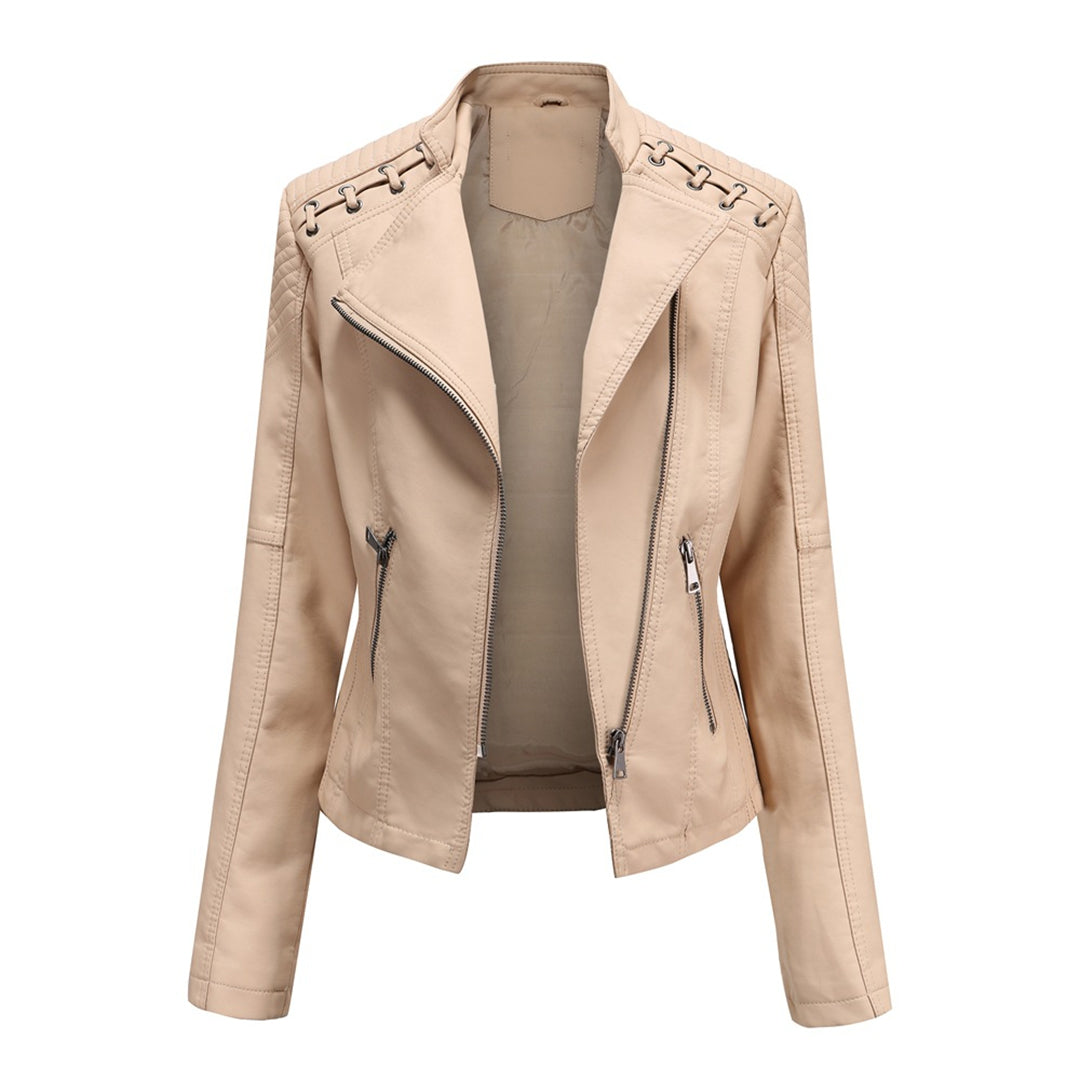 Women's Faux Leather Biker Jacket Asymmetric Zip Lace-Up Shoulder Fitted