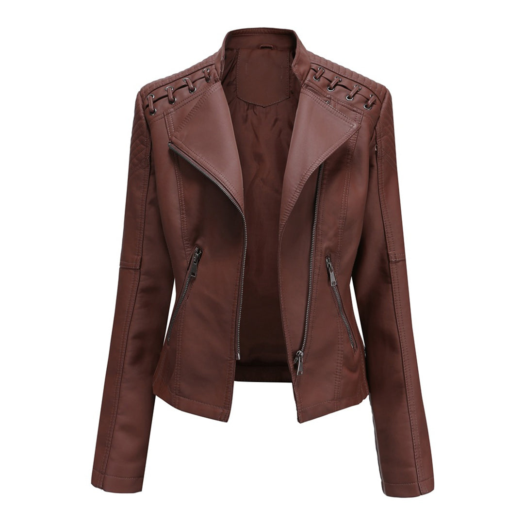Women's Faux Leather Biker Jacket Asymmetric Zip Lace-Up Shoulder Fitted