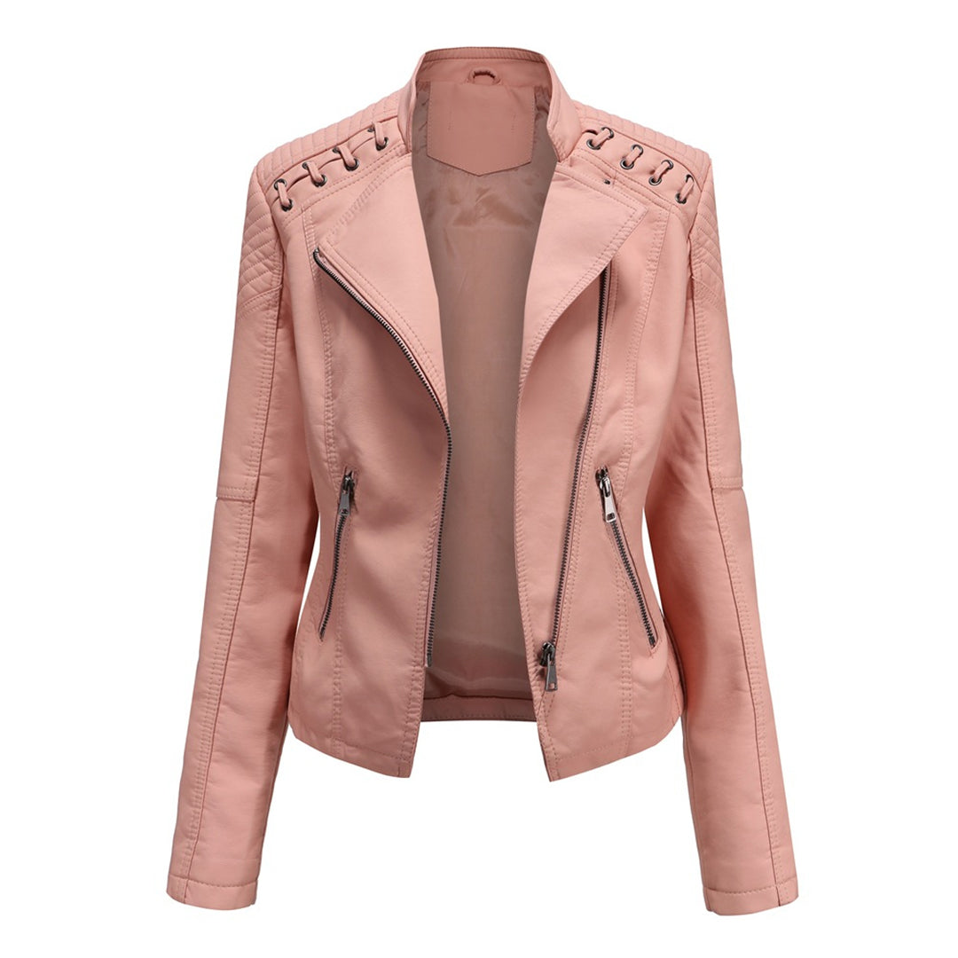Women's Faux Leather Biker Jacket Asymmetric Zip Lace-Up Shoulder Fitted