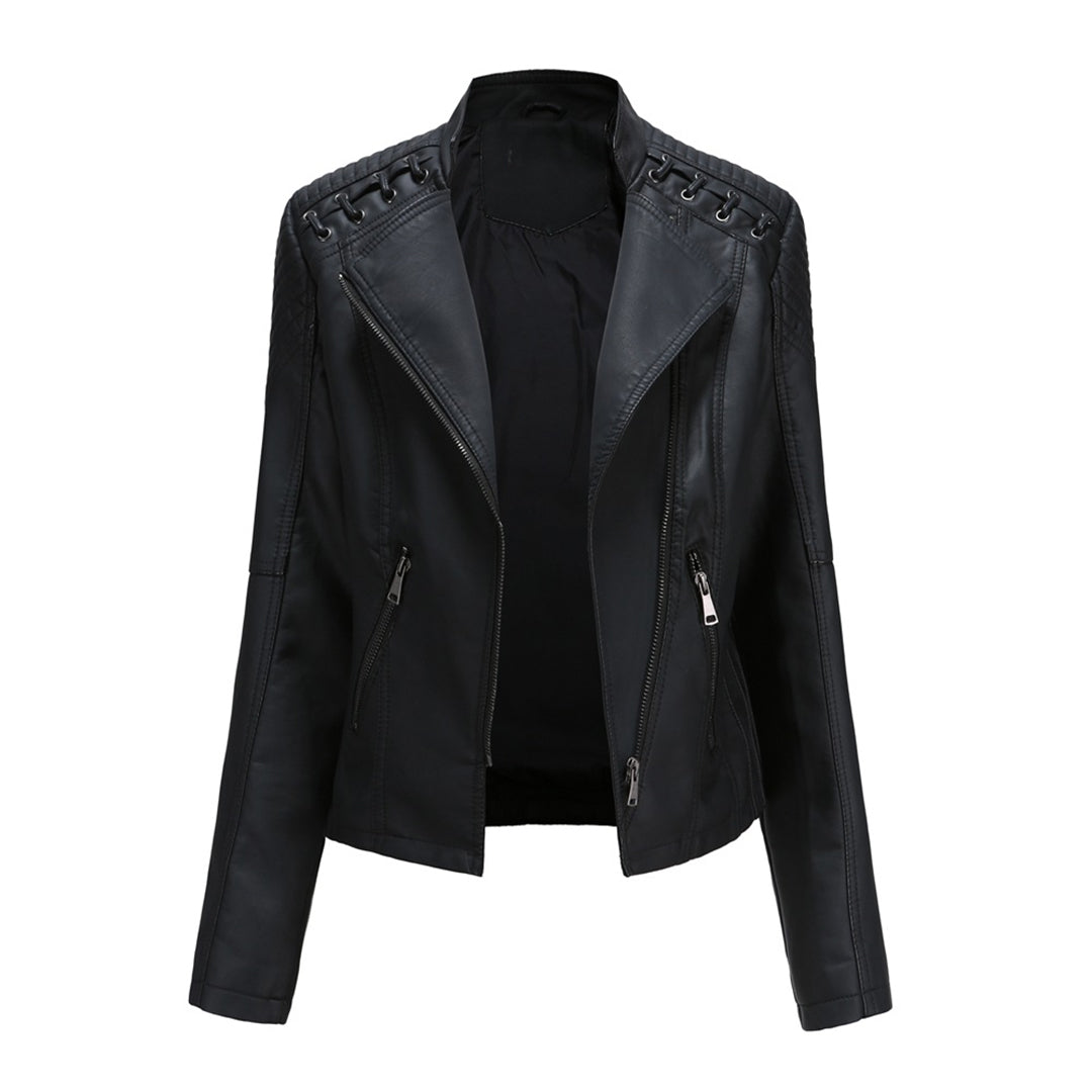 Women's Faux Leather Biker Jacket Asymmetric Zip Lace-Up Shoulder Fitted