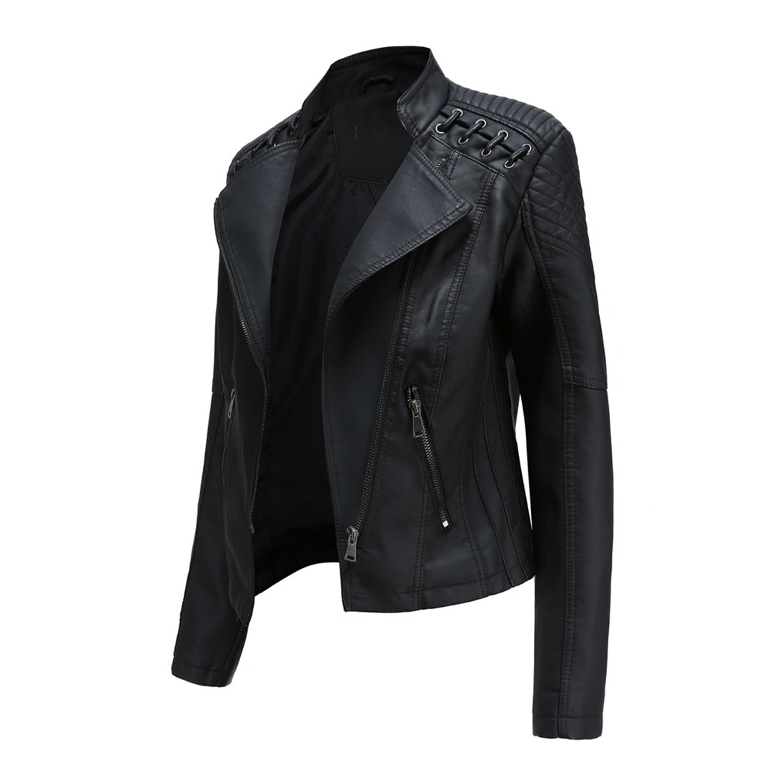 Women's Faux Leather Biker Jacket Asymmetric Zip Lace-Up Shoulder Fitted