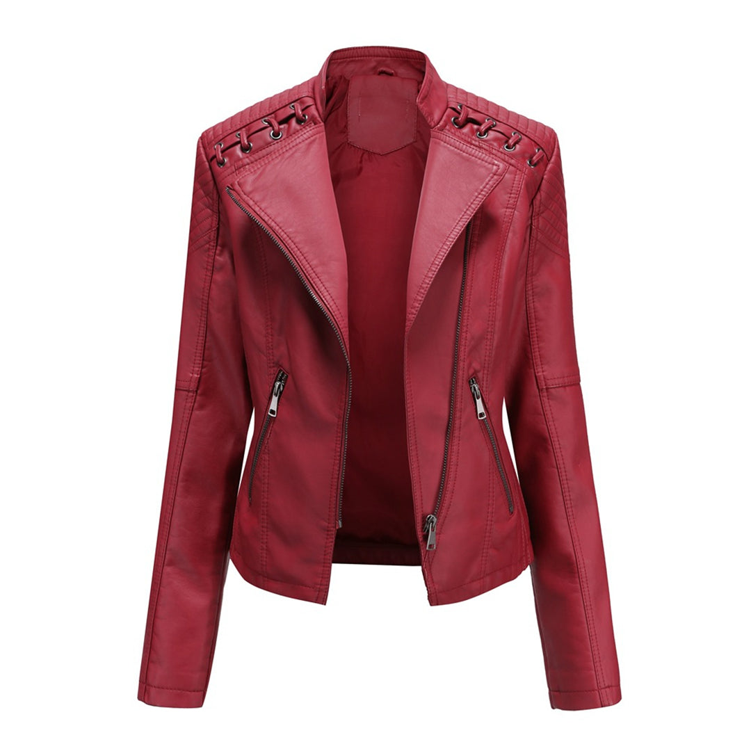 Women's Faux Leather Biker Jacket Asymmetric Zip Lace-Up Shoulder Fitted