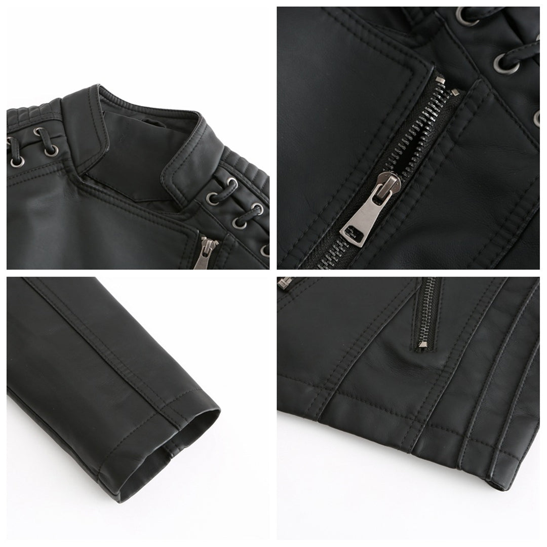 Women's Faux Leather Biker Jacket Asymmetric Zip Lace-Up Shoulder Fitted