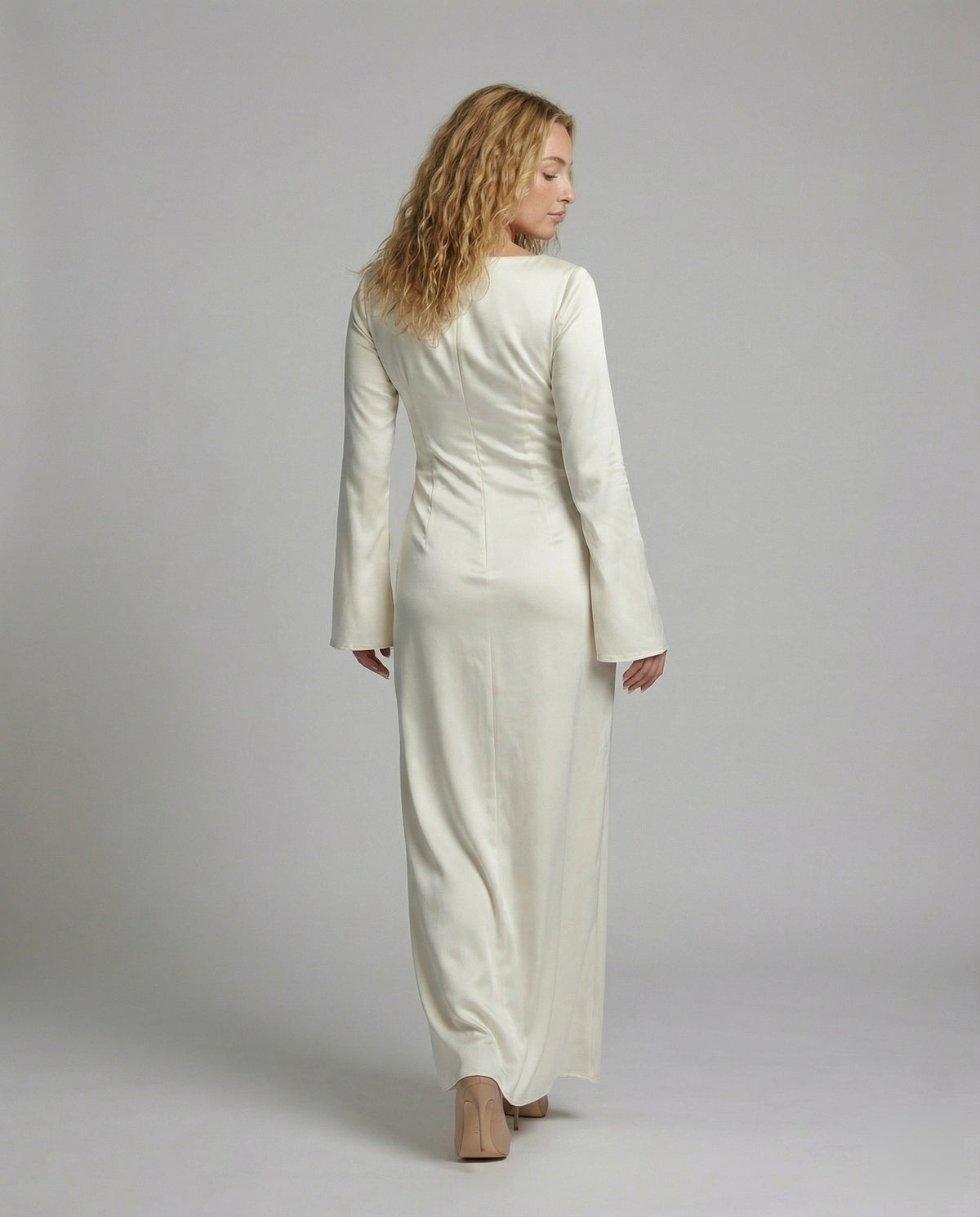 Women's Satin Maxi Dress Boat Neck Bell-Cuff Long-Sleeve Bodycon Tailored