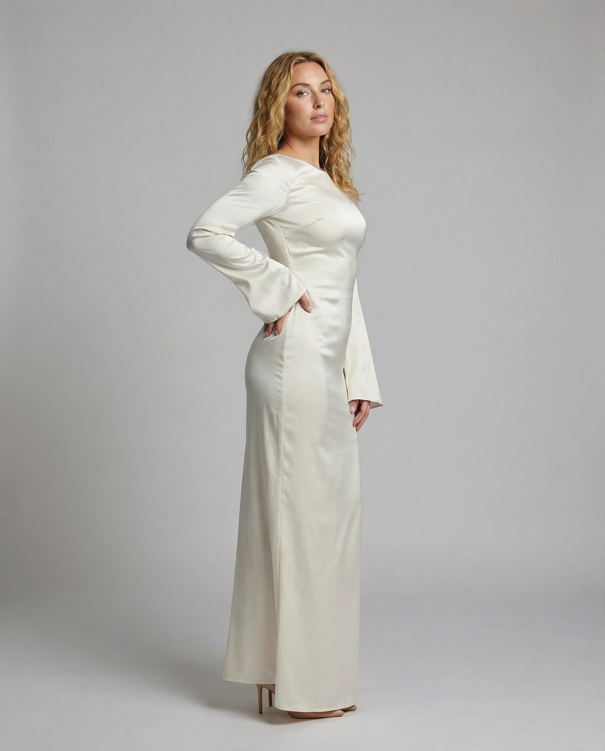 Women's Satin Maxi Dress Boat Neck Bell-Cuff Long-Sleeve Bodycon Tailored
