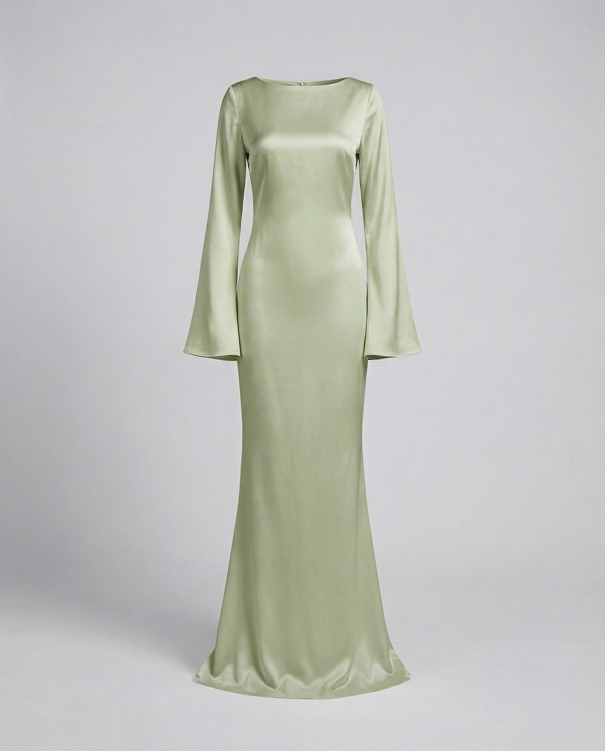 Women's Satin Maxi Dress Boat Neck Bell-Cuff Long-Sleeve Bodycon Tailored