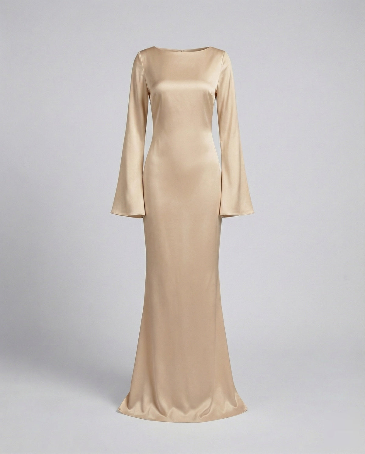 Women's Satin Maxi Dress Boat Neck Bell-Cuff Long-Sleeve Bodycon Tailored