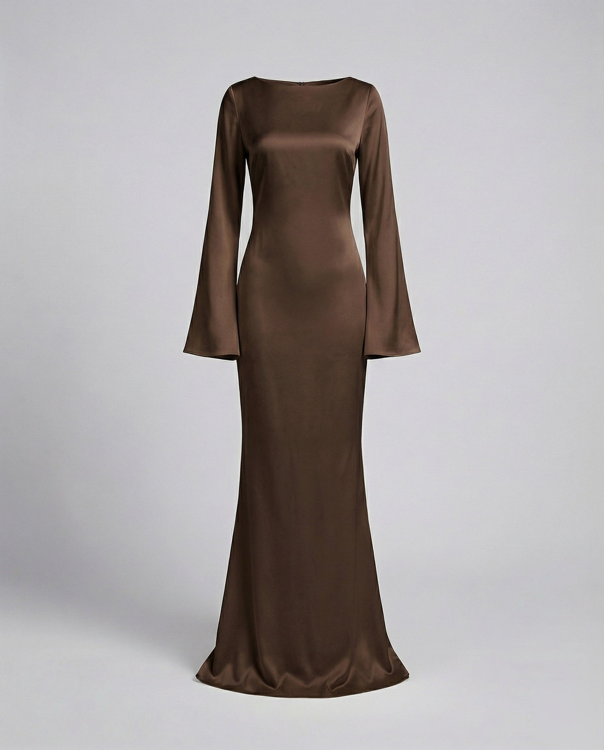 Women's Satin Maxi Dress Boat Neck Bell-Cuff Long-Sleeve Bodycon Tailored