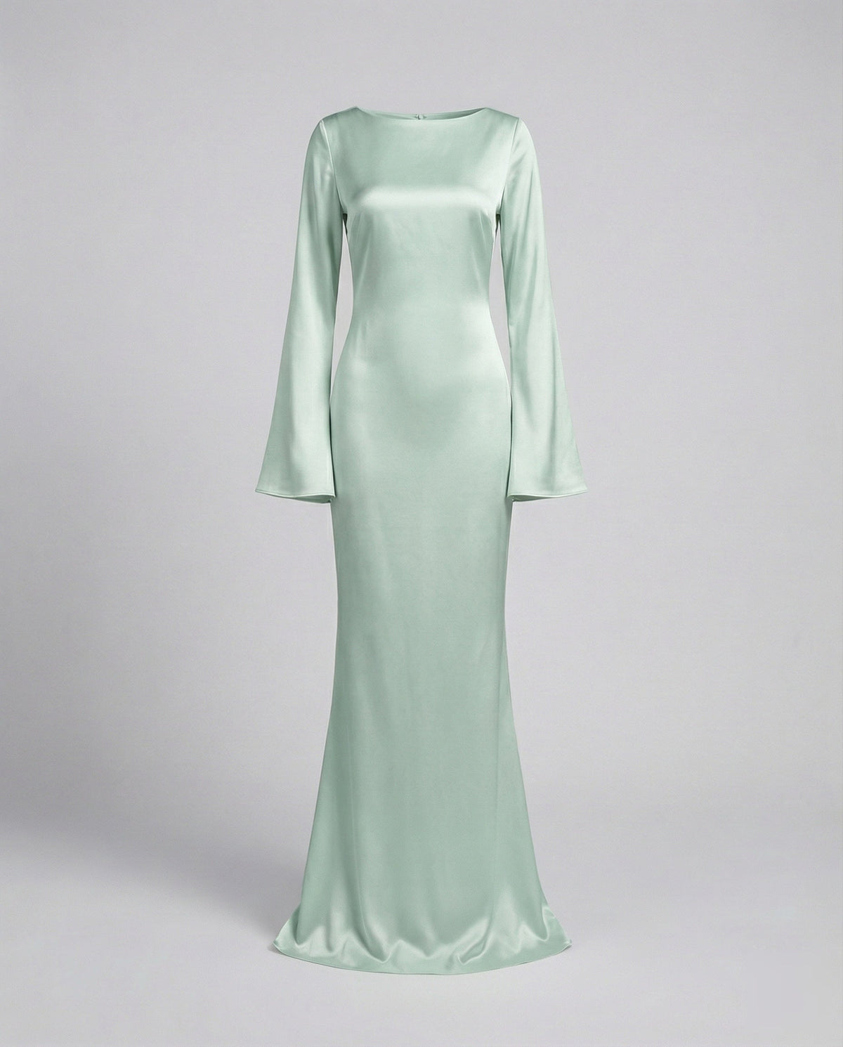 Women's Satin Maxi Dress Boat Neck Bell-Cuff Long-Sleeve Bodycon Tailored