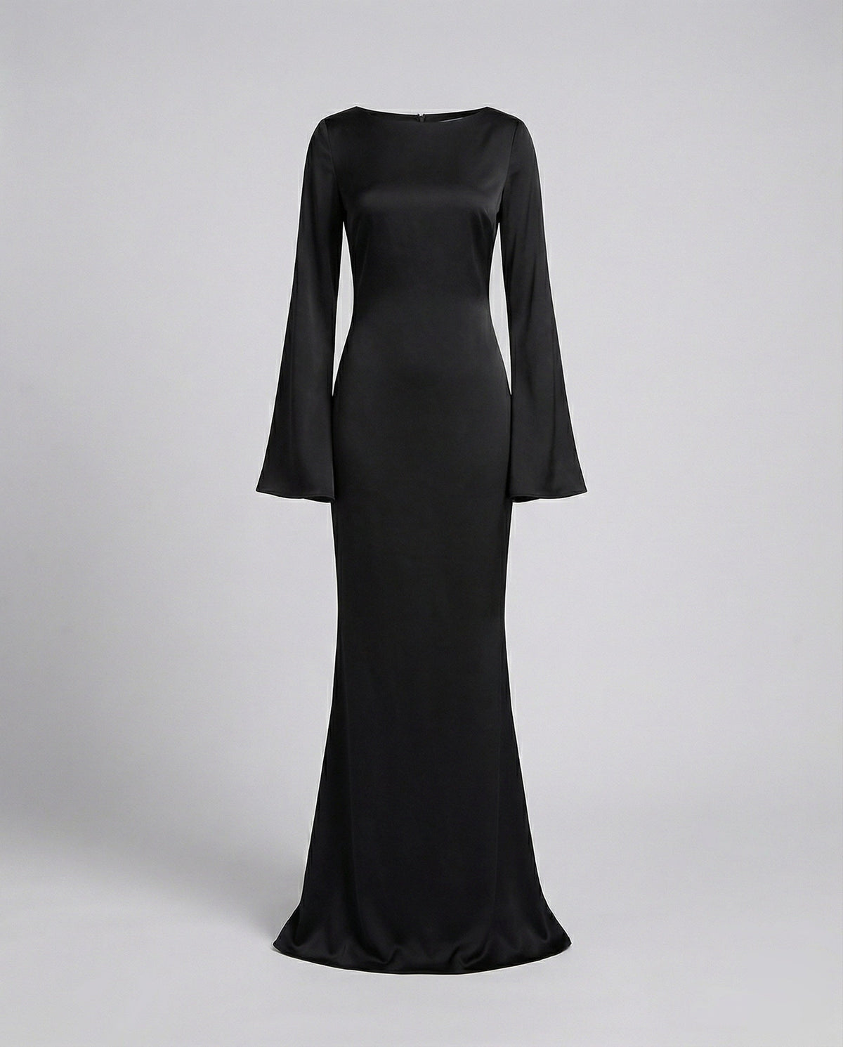 Women's Satin Maxi Dress Boat Neck Bell-Cuff Long-Sleeve Bodycon Tailored