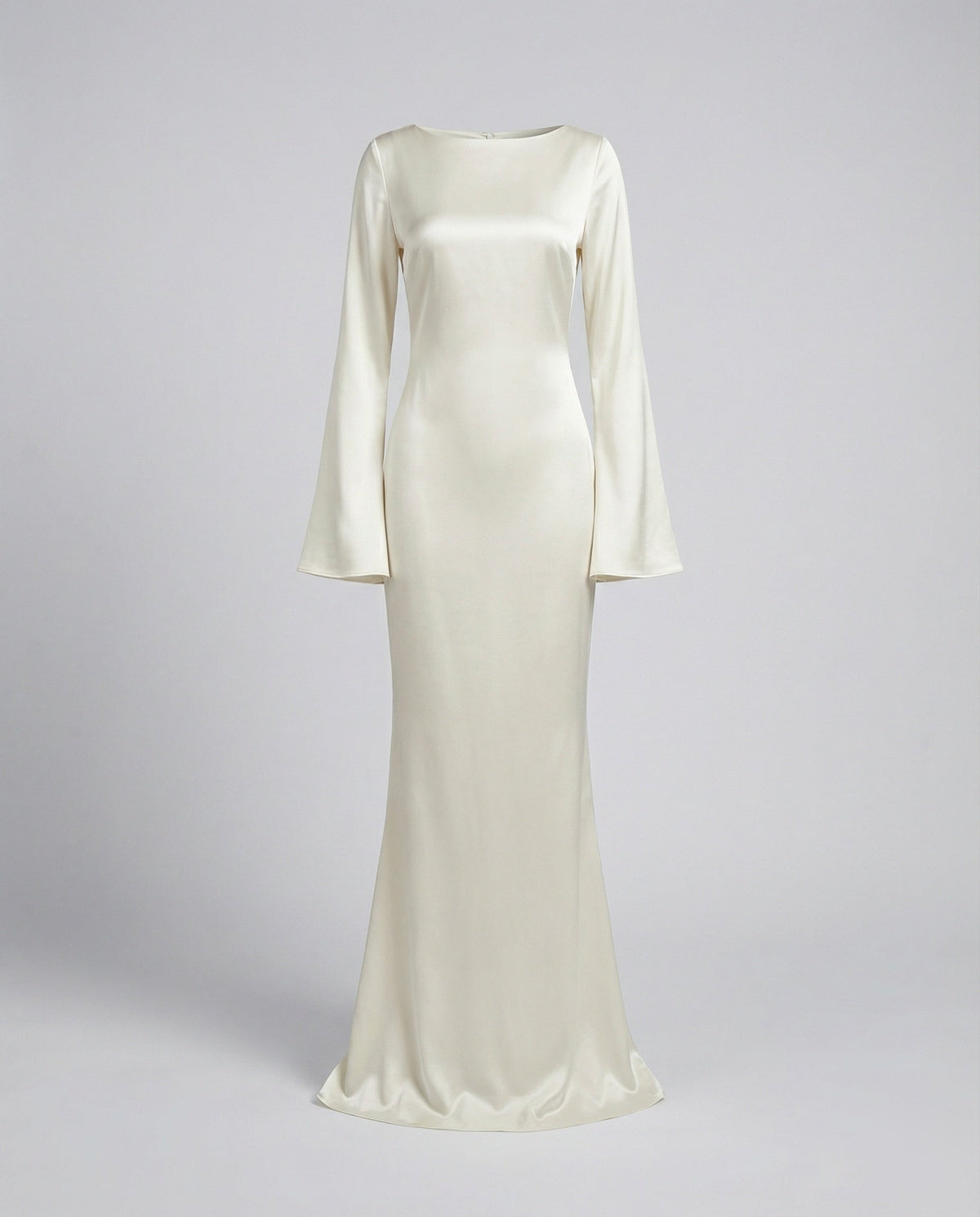 Women's Satin Maxi Dress Boat Neck Bell-Cuff Long-Sleeve Bodycon Tailored