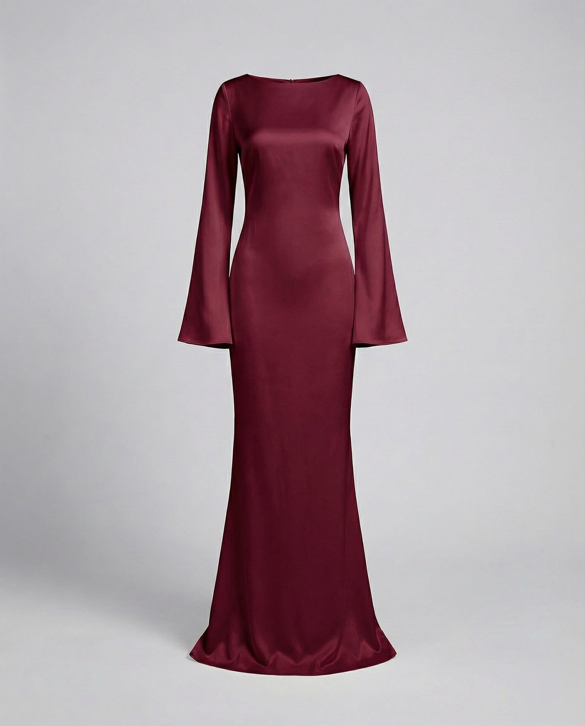 Women's Satin Maxi Dress Boat Neck Bell-Cuff Long-Sleeve Bodycon Tailored