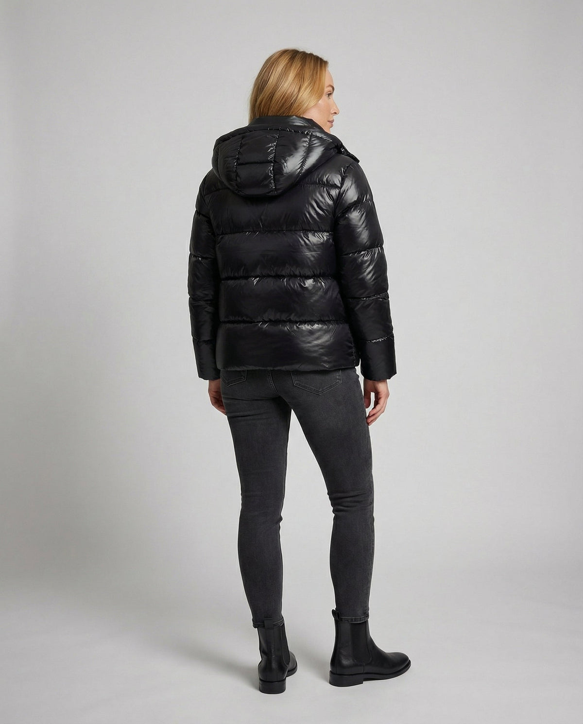 Women's Shiny Hooded Puffer Jacket Glossy Full-Zip Oversized Padded