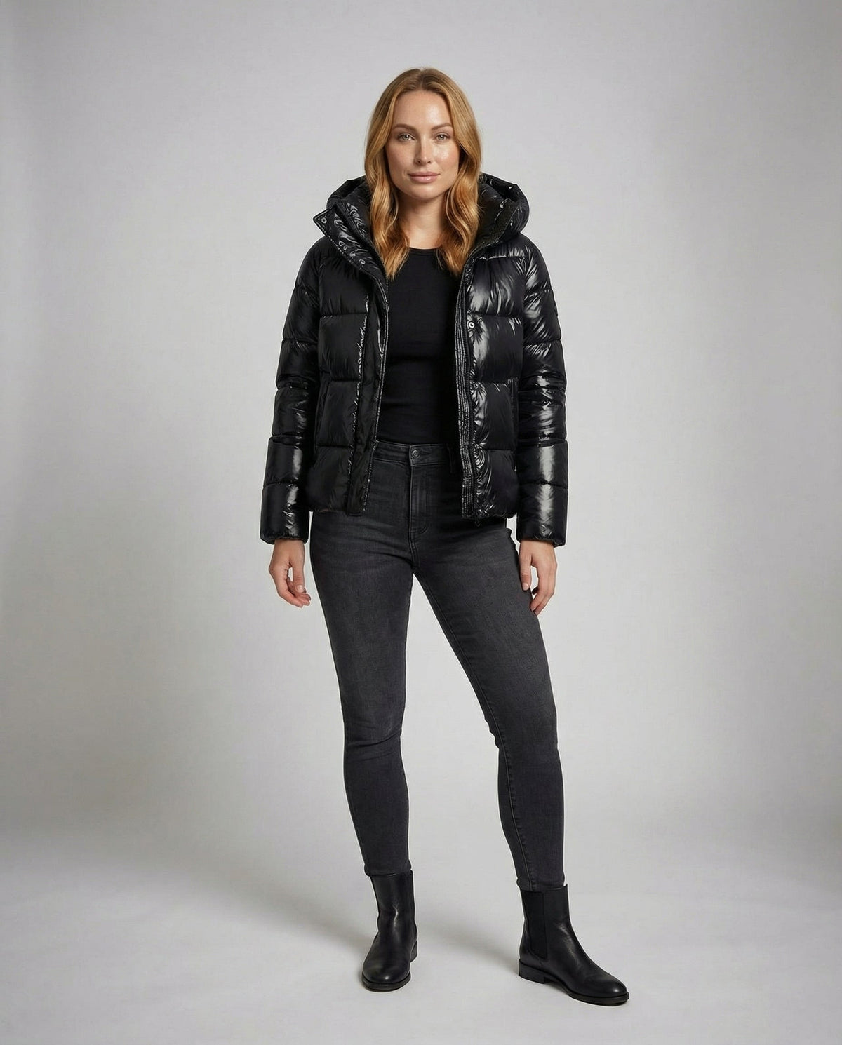 Women's Shiny Hooded Puffer Jacket Glossy Full-Zip Oversized Padded