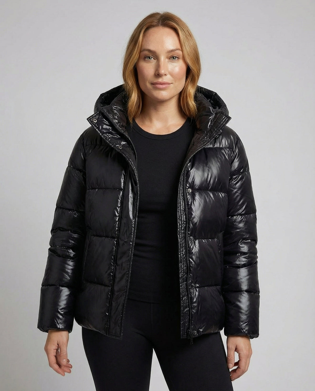 Women's Shiny Hooded Puffer Jacket Glossy Full-Zip Oversized Padded