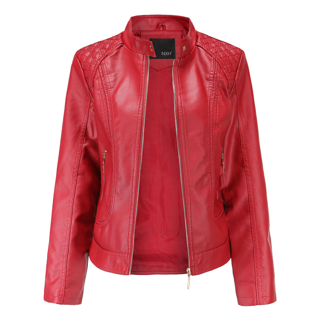 Women's Faux Leather Moto Jacket Stand Collar Zip-Up Quilted Shoulder