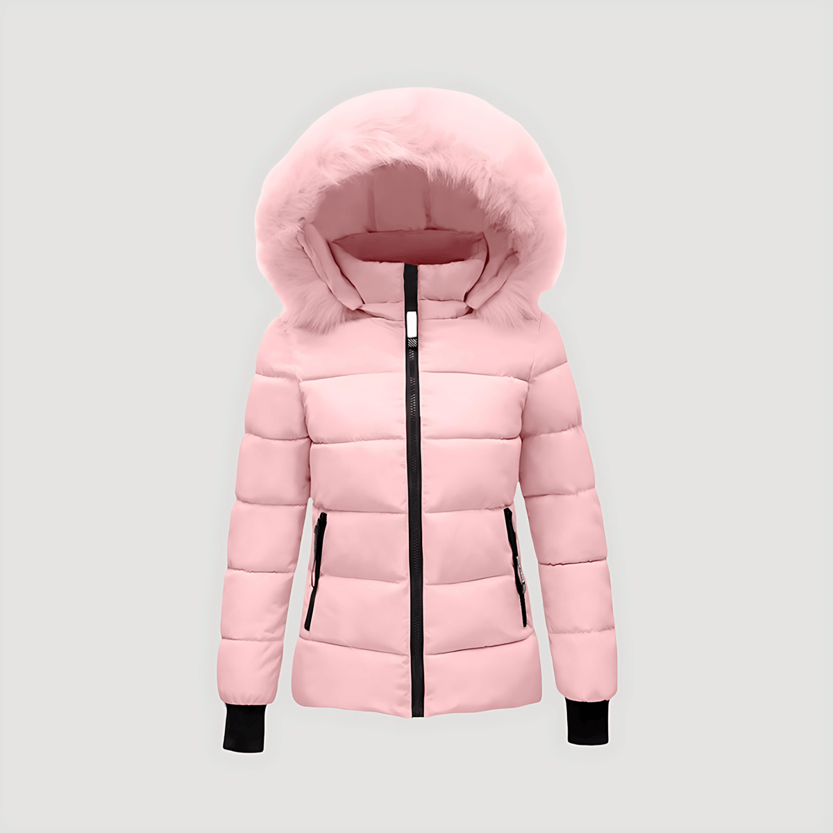 Women's Puffer Jacket Faux-Fur Hood Quilted Full-Zip Ribbed-Cuff Fitted