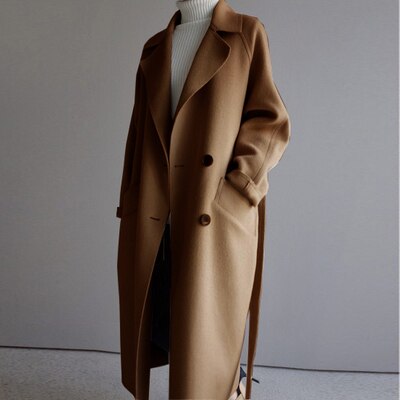 Women's Long Wool Coat Notch Lapel Double-Breasted Oversized Belted