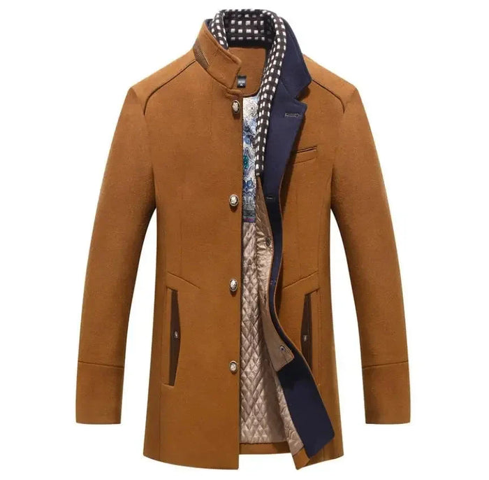 Men's Wool Blend Coat Stand Collar Single-Breasted Quilted-Lined Mid-Length Winter