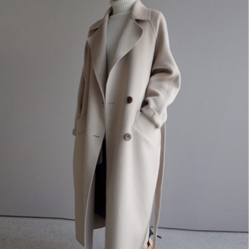 Women's Long Wool Coat Notch Lapel Double-Breasted Oversized Belted